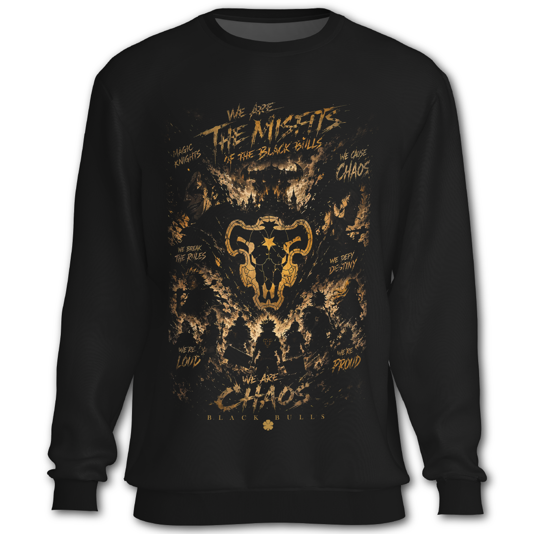 Black sweatshirt with bold graphic on the front, inspired by Black Clover the anime.