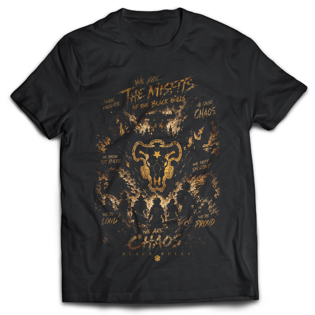 Black t-shirt with bold graphic on the front, inspired by Black Clover the anime.