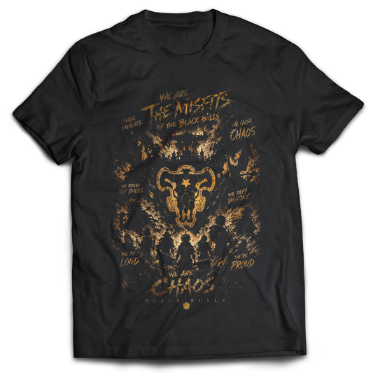 Black t-shirt with bold graphic on the front, inspired by Black Clover the anime.